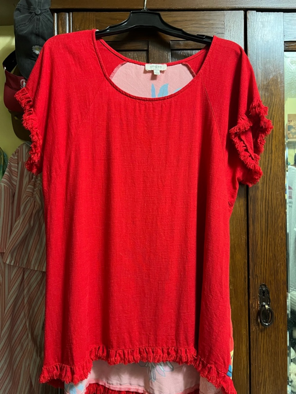 Umgee Bright Red Short Sleeve Fringe Detail Top